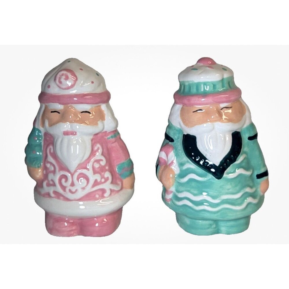 Folk Art Santa Claus Salt and Pepper Shakers Ceramic Pink Green Tree Candy Cane